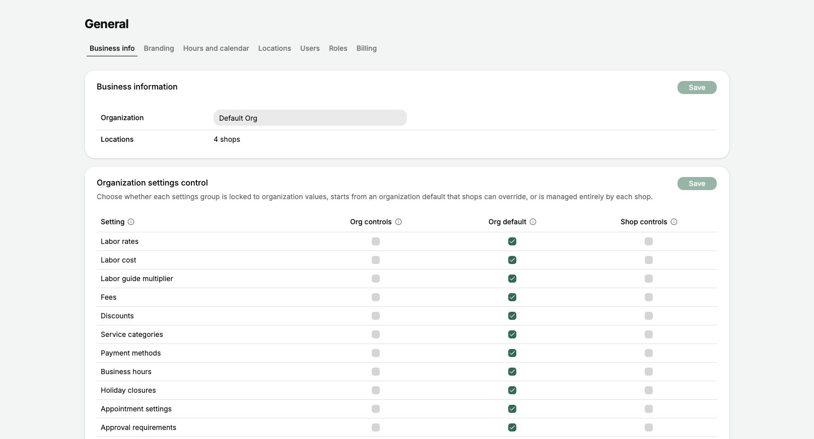 Choose how the organization and its shops control each settings group.