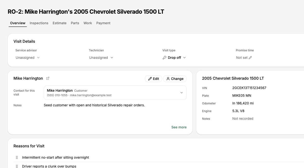 Review the customer, vehicle, visit details, assignments, mileage, and reasons for visit.
