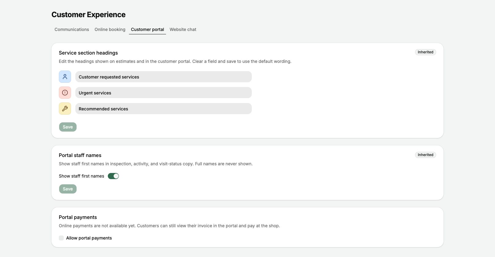 Review the customer-facing headings and staff-name setting used in the portal.